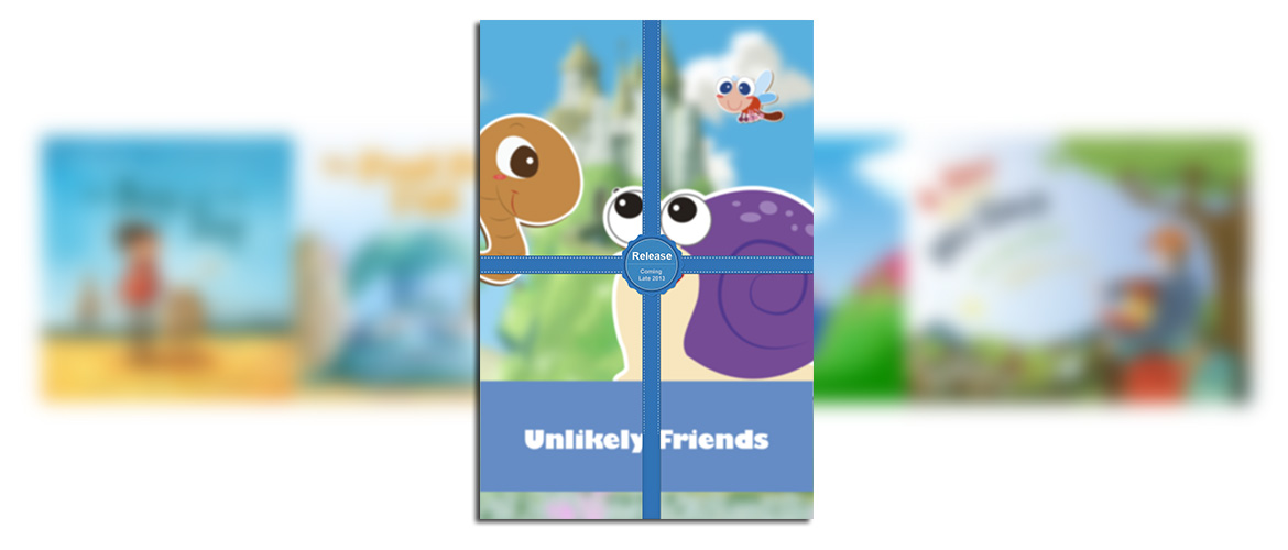 &ldquo;Unlikely Friends&rdquo; book cover: a snail, a worm, and a fly in front of a castle in the clouds, wrapped in a blue gift ribbon with a release badge