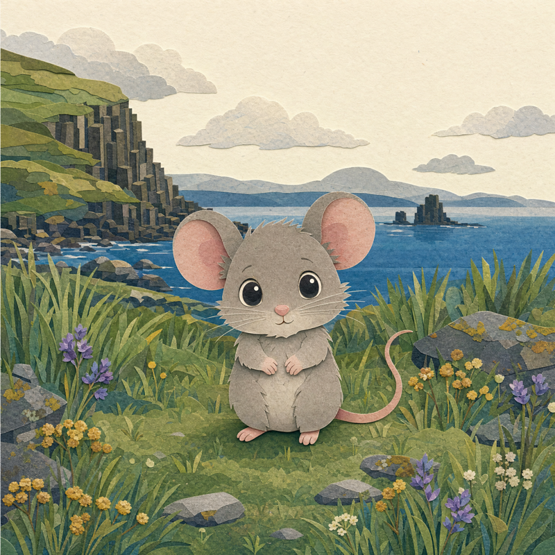 The warm-grey baby mouse with a long thin tail.