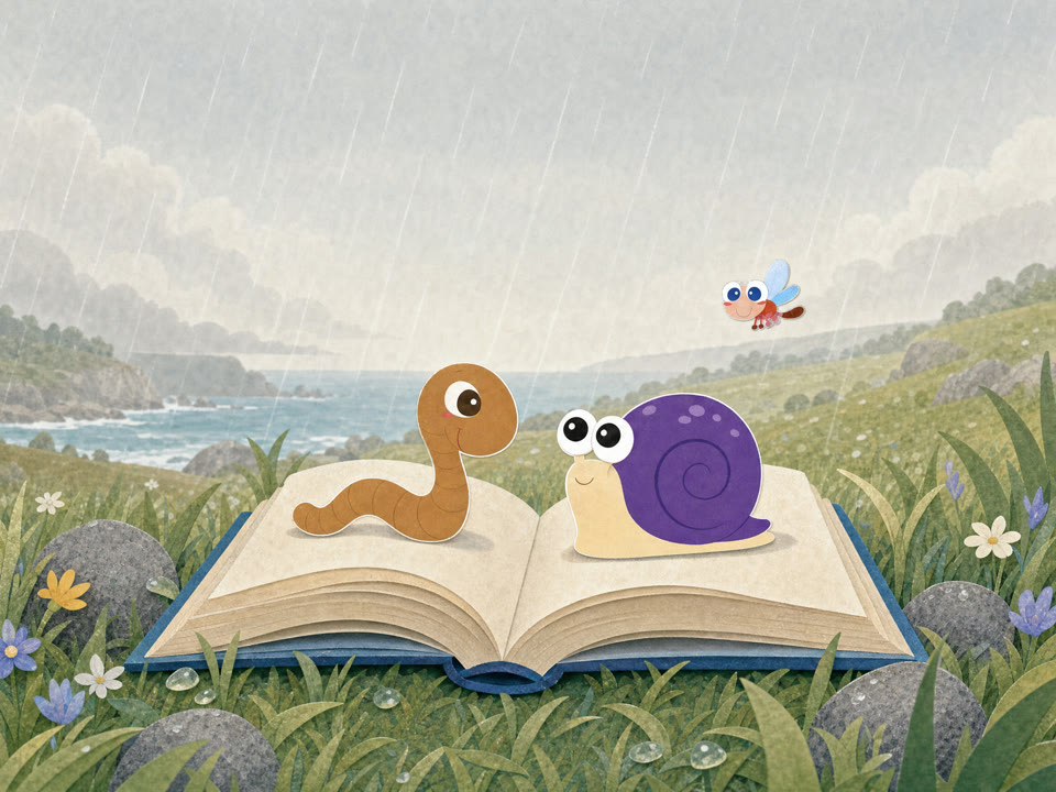 The snail and worm meet in a storybook landscape opening from the pages of a book.